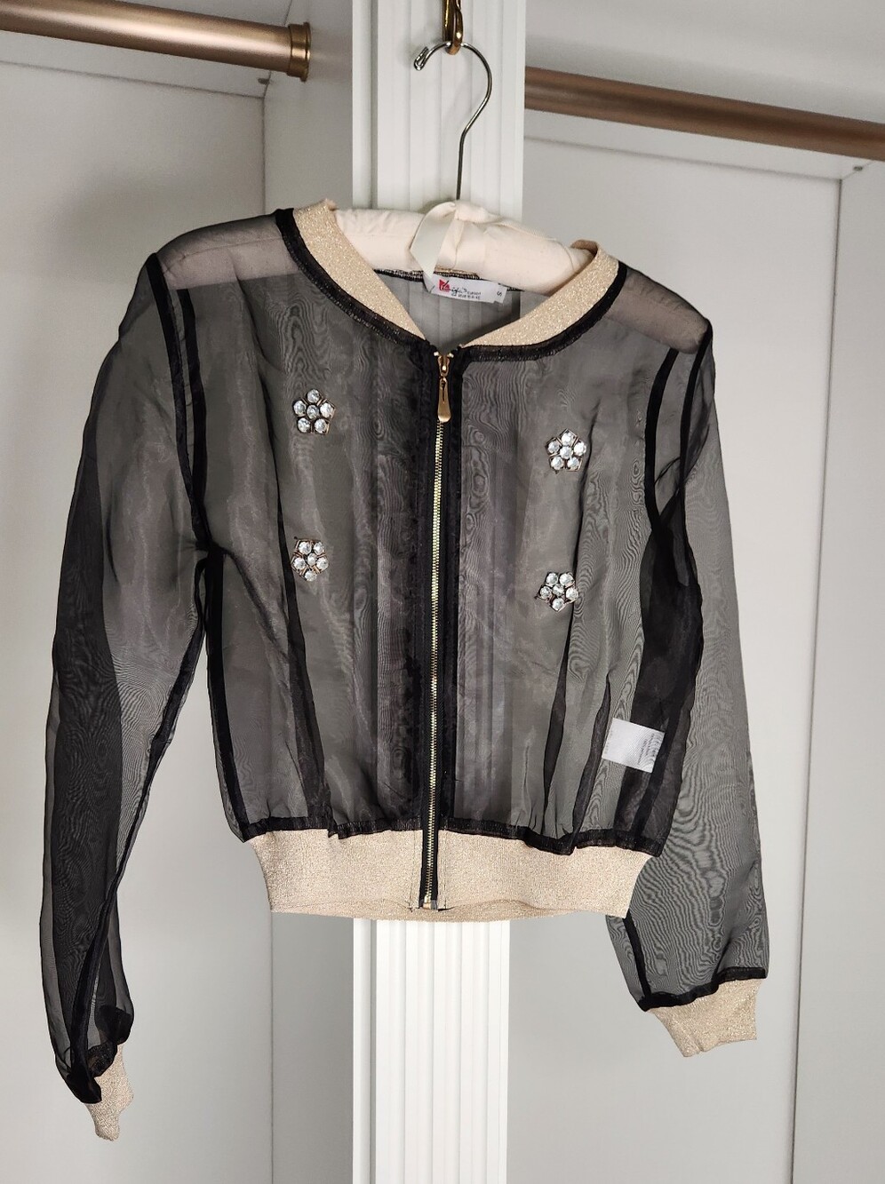 Sheer Black Bomber Jacket with Crystal Accents